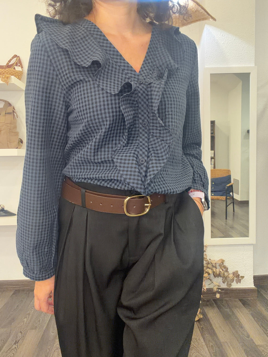 Camisa Cuadros Vichy con Volantes - Azul y Negro