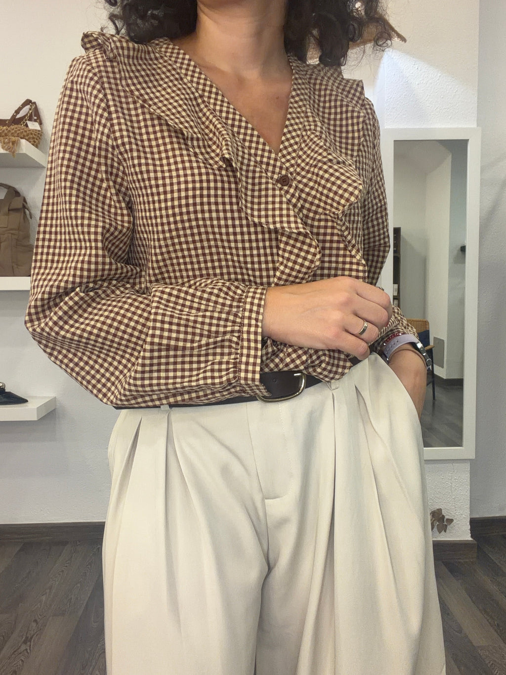 Camisa Cuadros Vichy con Volantes - Granate y Beige