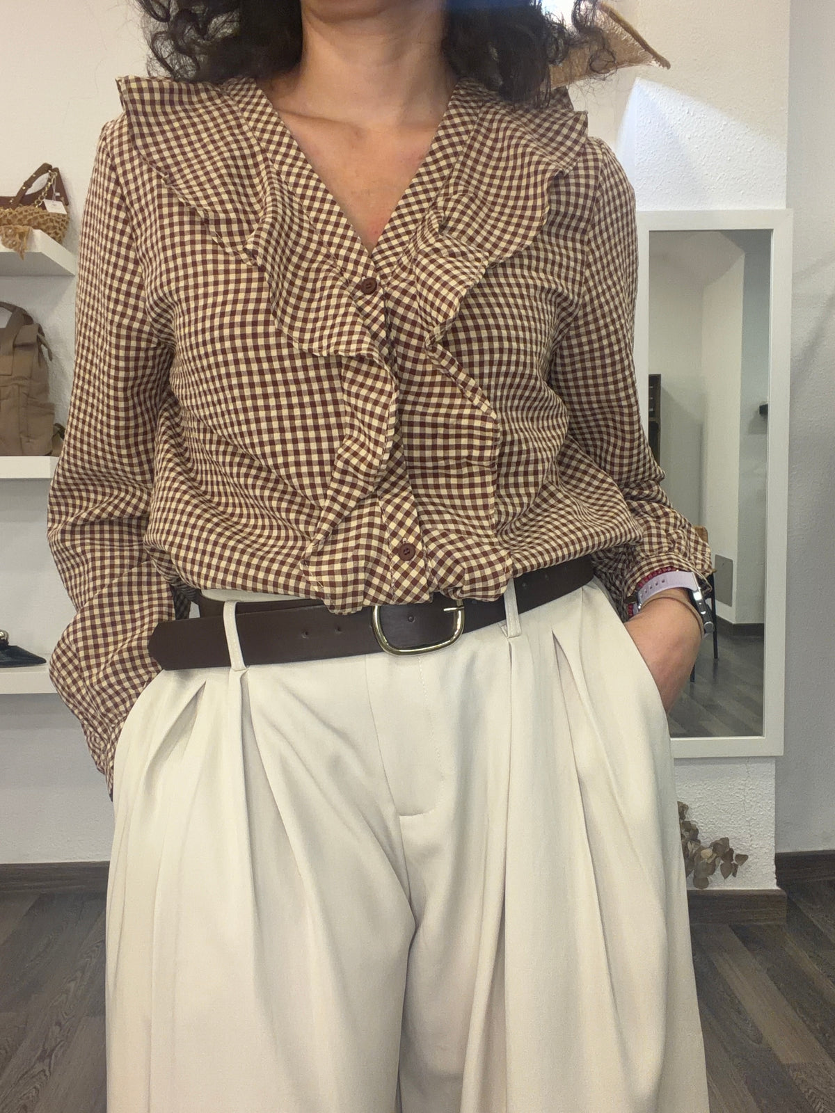 Camisa Cuadros Vichy con Volantes - Granate y Beige