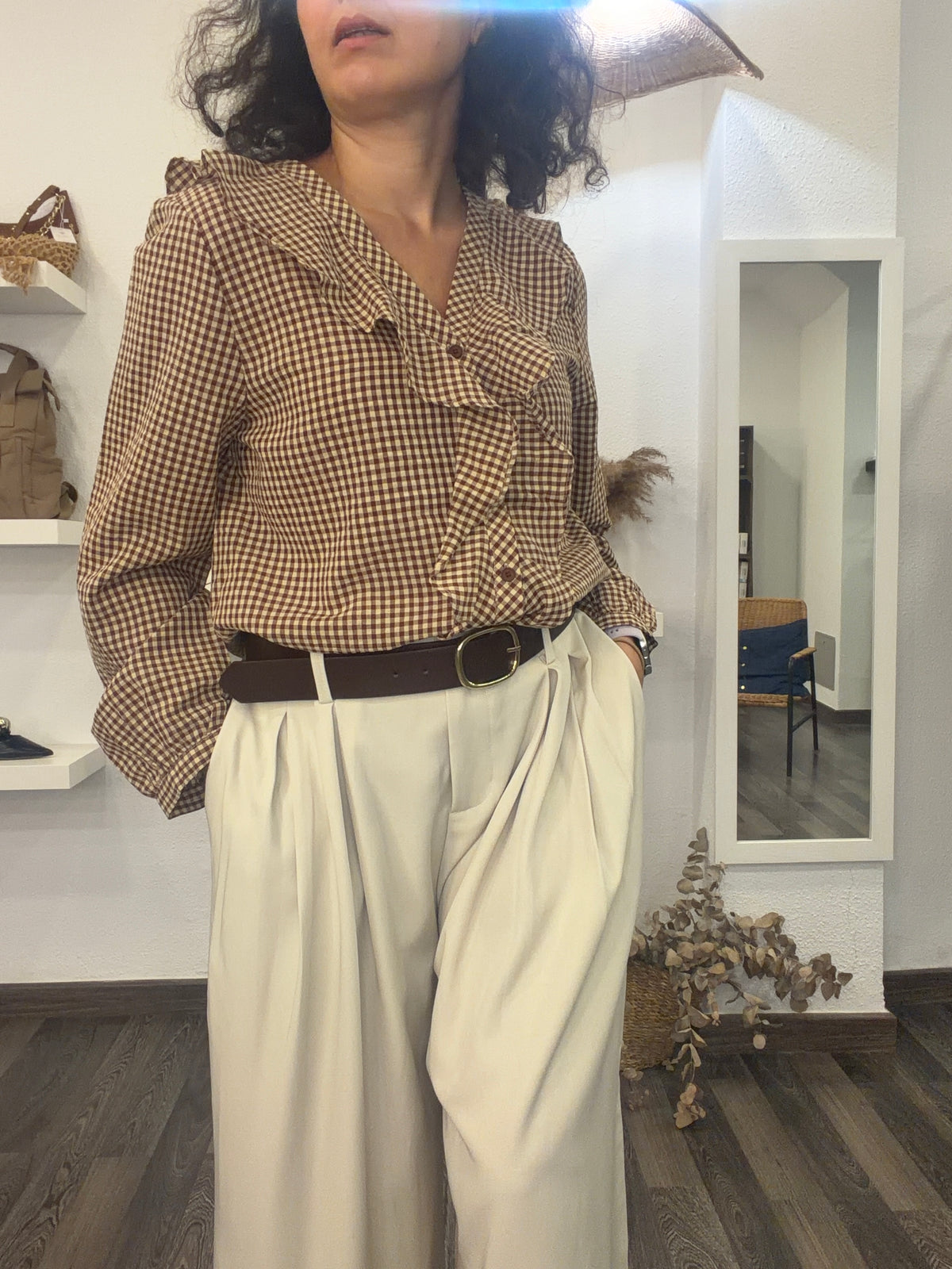 Camisa Cuadros Vichy con Volantes - Granate y Beige