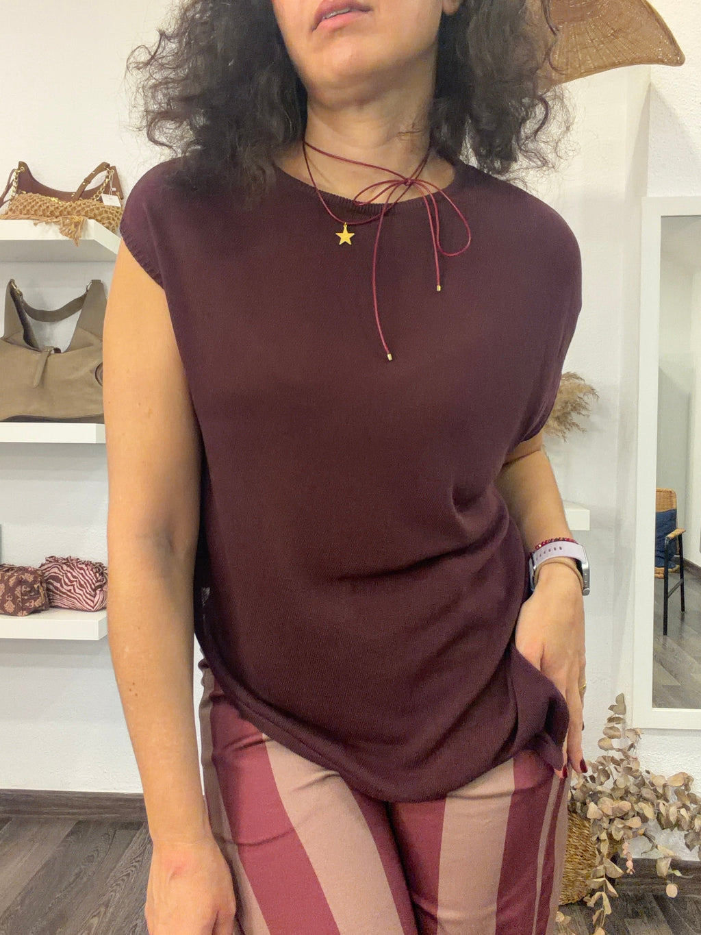 Top de punto fino burdeos talla única